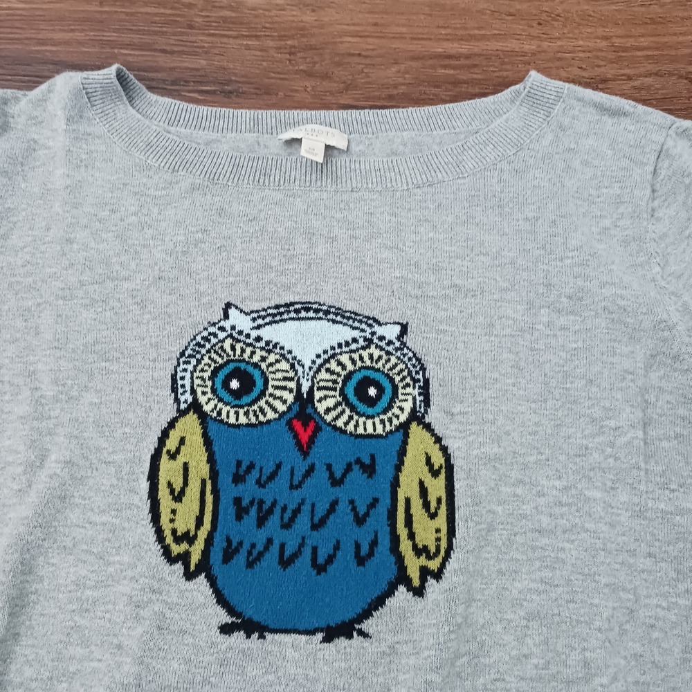 Talbots Womens Gray Cotton Owl Intarsia Knit Lightweight Sweater Size M